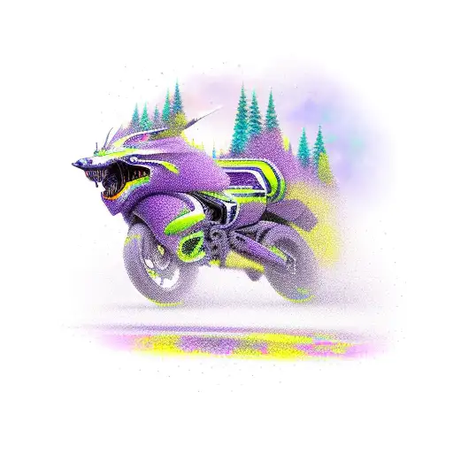 An imaginative new-school design of a motorcycle transforming into a pack of purple wolves, running through a colorful landscape tattoo design idea