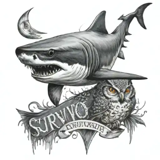shark and owl with the word survivor tattoo design idea