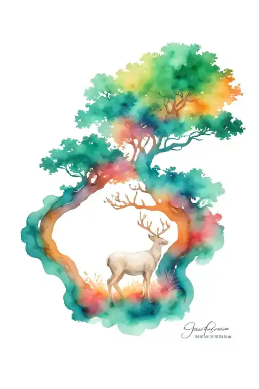 Tree of life with a white deer standing tattoo design idea