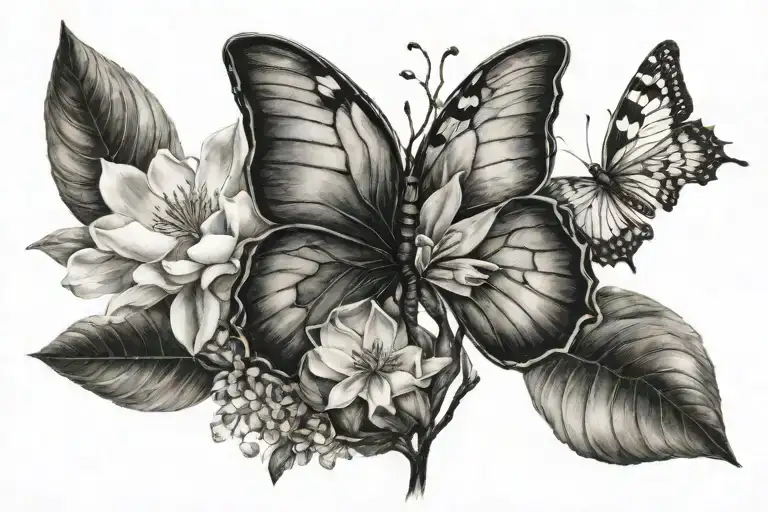 half butterfly half magnolia tree tattoo design idea