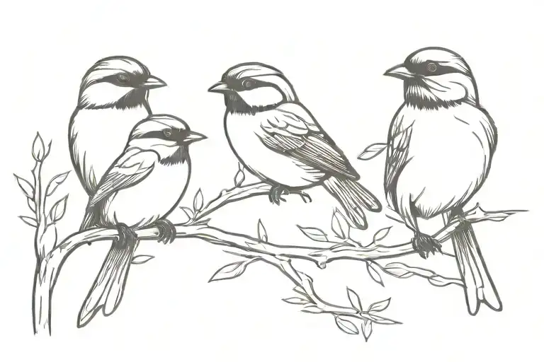 three chickadees, two sitting and one flying towards tattoo design idea