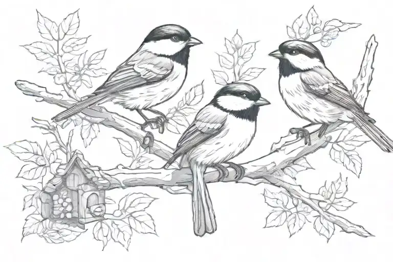 two chickadees perched and one chickadee flying towards them tattoo design idea