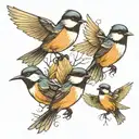 three chickadees, two sitting and one flying towards tattoo design idea