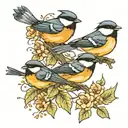 three chickadees, two sitting and one flying towards tattoo design idea