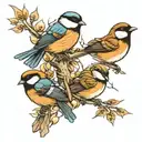 three chickadees, two sitting and one flying towards tattoo design idea