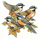 three chickadees, two sitting and one flying towards tattoo design idea