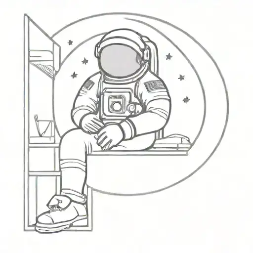 an astronaut sitting on a miniature moon with a cabinet filled with books in background tattoo design idea
