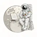 an astronaut sitting on a miniature moon with a cabinet filled with books in background tattoo design idea