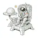 an astronaut sitting on a miniature moon with a cabinet filled with books in background tattoo design idea