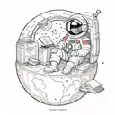 an astronaut sitting on a miniature moon with a cabinet filled with books in background tattoo design idea