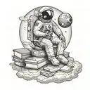 an astronaut sitting on a moon with a cabinet filled with books in background tattoo design idea
