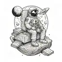 an astronaut sitting on a moon with a cabinet filled with books in background tattoo design idea