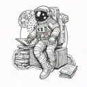 an astronaut sitting on a moon with a cabinet filled with books in background tattoo design idea
