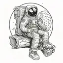 an astronaut sitting on a moon with a cabinet filled with books in background tattoo design idea