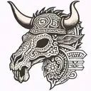 Aztec bull skull with birthdate 05-14-2005 tattoo design idea