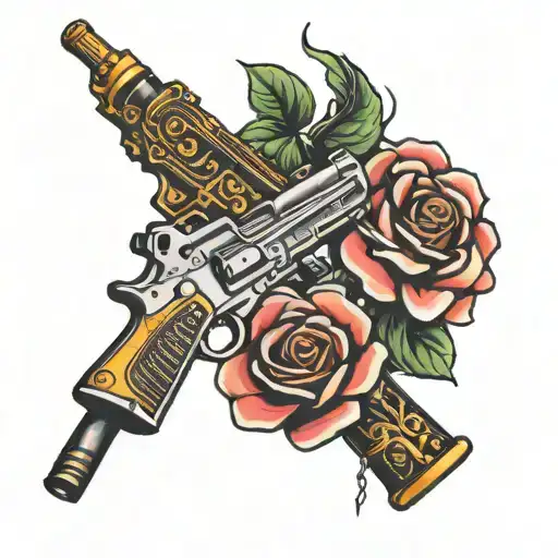 rose and machine gun tattoo design idea