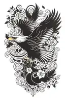 An eagle soaring through a blooming spring landscape, representing freedom and growth tattoo design idea
