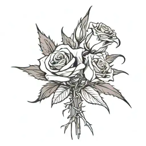 A rose and lily bouquet with thorns and spikes crossed over each other tattoo design idea