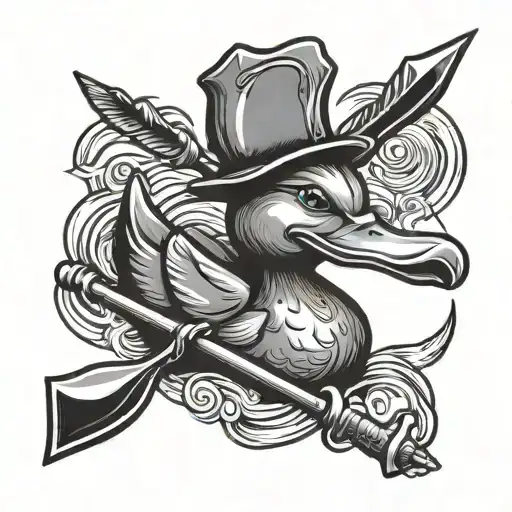 black and grey tattoo design of a rubber duck with horns on the head and holding a pitchfork tattoo design idea
