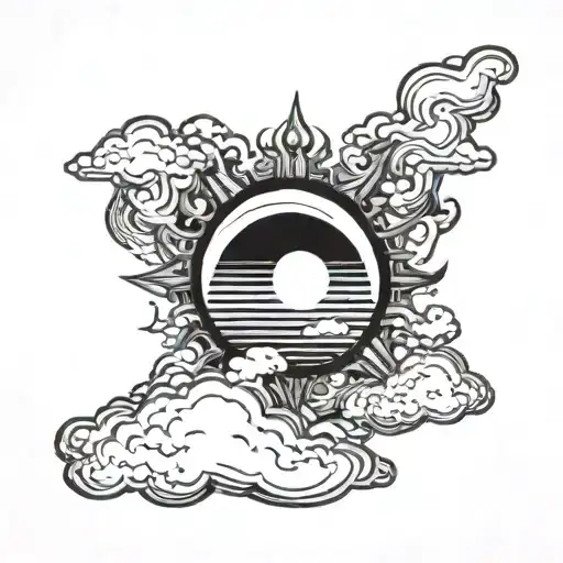 sun partially hidden behind clouds with sun rays breaking through the clouds, black and white tattoo design idea