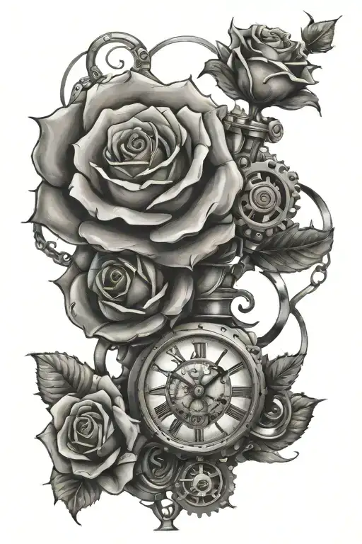 steampunk and rose intertwined tattoo design idea