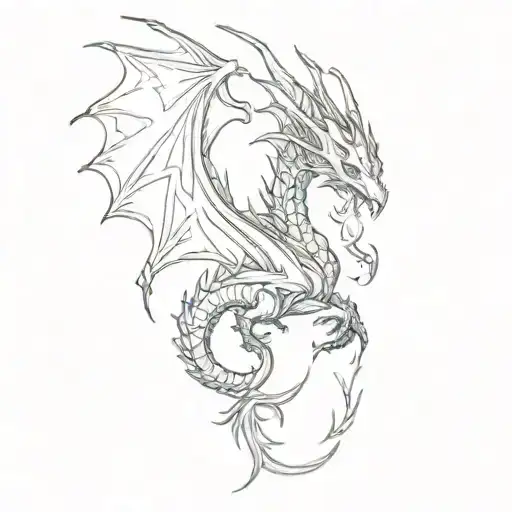 simple dragon, long tail, drawn like lightning tattoo design idea