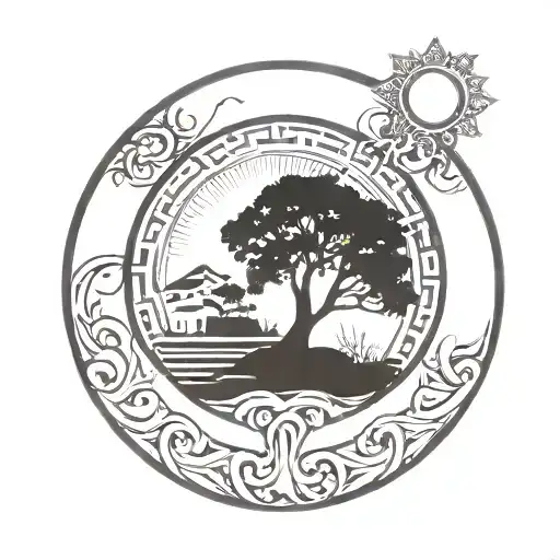 tree, Greek crown, sun blended together tattoo design idea