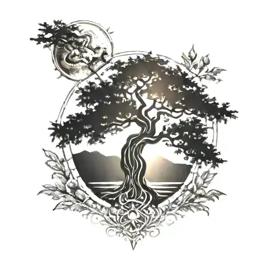 tree, Greek crown, sun blended together tattoo design idea