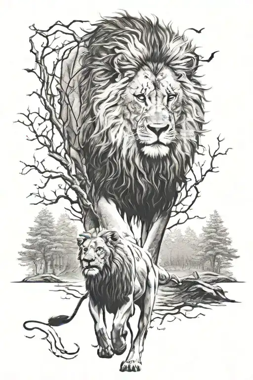 I want you to create a tattoo for me that has a lion leaving prints and walking on a path in the forest, it's a full moo tattoo design idea