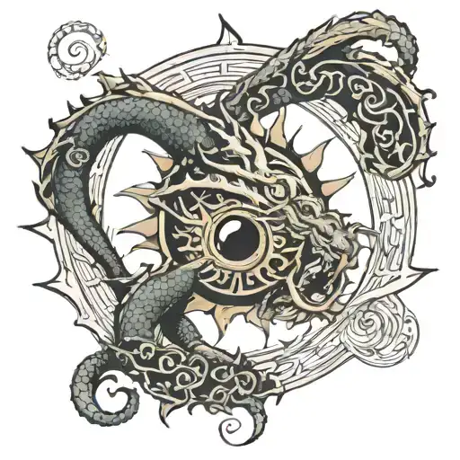 2000s spiral sun with dragon tattoo design idea