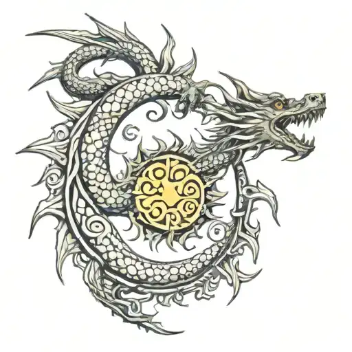 2000s spiral sun with dragon tattoo design idea