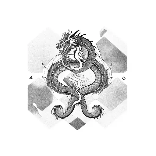 A dragon curled around the number 13, with Pisces symbol integrated into its scales tattoo design idea