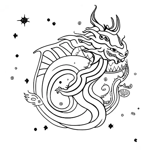A whimsical dragon curled around a cherry blossom tree with Pisces constellation in the background tattoo design idea