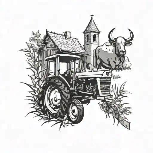 chruch, garden, corn, cattle, tractor plowing tattoo design idea