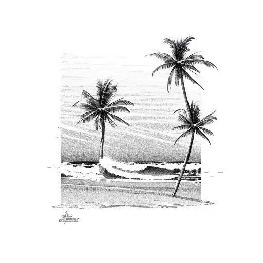 A serene beach scene at sunset, with palm trees swaying in the breeze and waves crashing against the shore tattoo design idea
