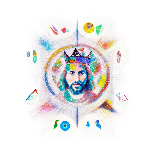 A creative and colorful collage of symbols representing the Messiah, King, and Chris, showcasing your favorite things in a unique and artistic way tattoo design idea