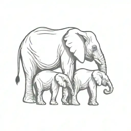 african elephant protecting and hugging her two babies of the same age tattoo design idea