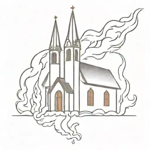 old church on fire flames tattoo design idea