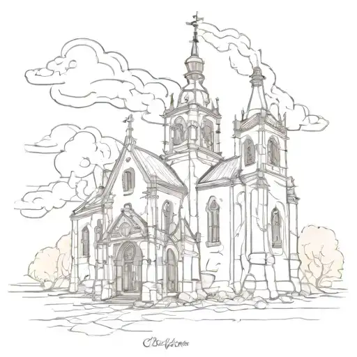 old church burning tattoo design idea