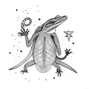 shadow of a lizard against a background of stars and smoke tattoo design idea