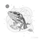 shadow of a lizard against a background of stars and smoke tattoo design idea