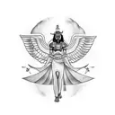 Mysterious witch casting spells with hieroglyphs in an Egyptian temple tattoo design idea