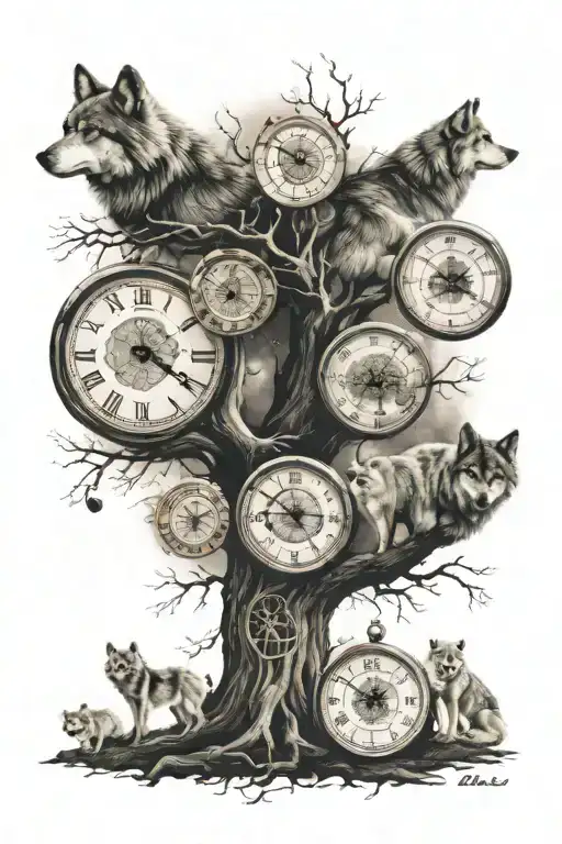 family tree with 3 clocks and a wolf howling into space with the satrs and moon also a aum symbol tattoo design idea