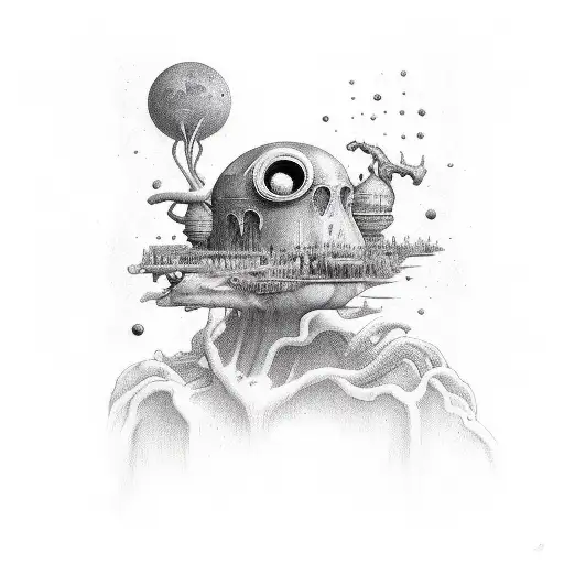 surreal weird but funny connected to nature something with the same vibe as the book Faust or like paintings of Bos tattoo design idea