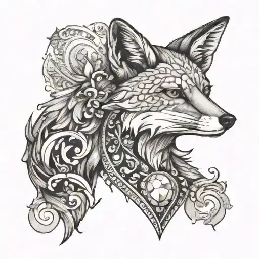 fox in profile with a precious stone heart on the torso tattoo design idea
