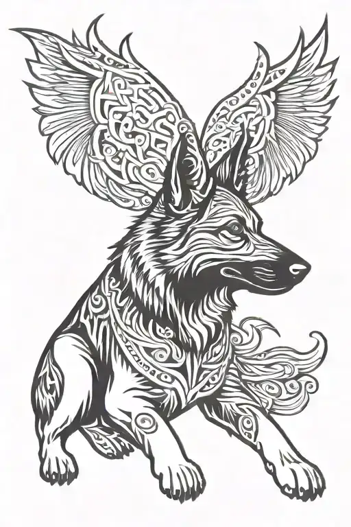 German shepherd dog Norse Valkyrie wings intertwined tattoo design idea