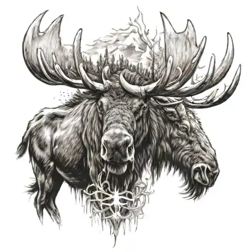 A realistic depiction of a moose, buffalo, and longhorn coming together to form a unique symbol of strength and unity tattoo design idea