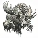 A realistic depiction of a moose, buffalo, and longhorn coming together to form a unique symbol of strength and unity tattoo design idea
