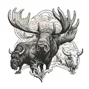 A realistic depiction of a moose, buffalo, and longhorn coming together to form a unique symbol of strength and unity tattoo design idea