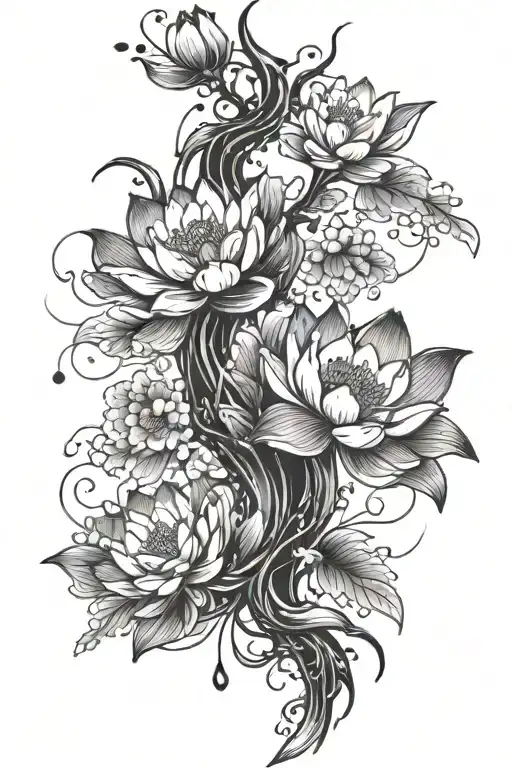 lotus flower, cherry blossom tree, koi fish tattoo design idea